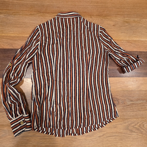 Tory Burch Button Down Dress Shirt Long Sleeve Stripe Blue Cream Orange Size 6 - Picture 9 of 11